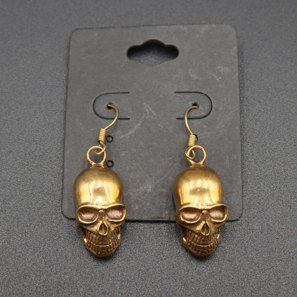 Gold Tone Skull Earrings Dangle Drop Gothic Punk Halloween Women's Jewelry - Picture 2 of 3